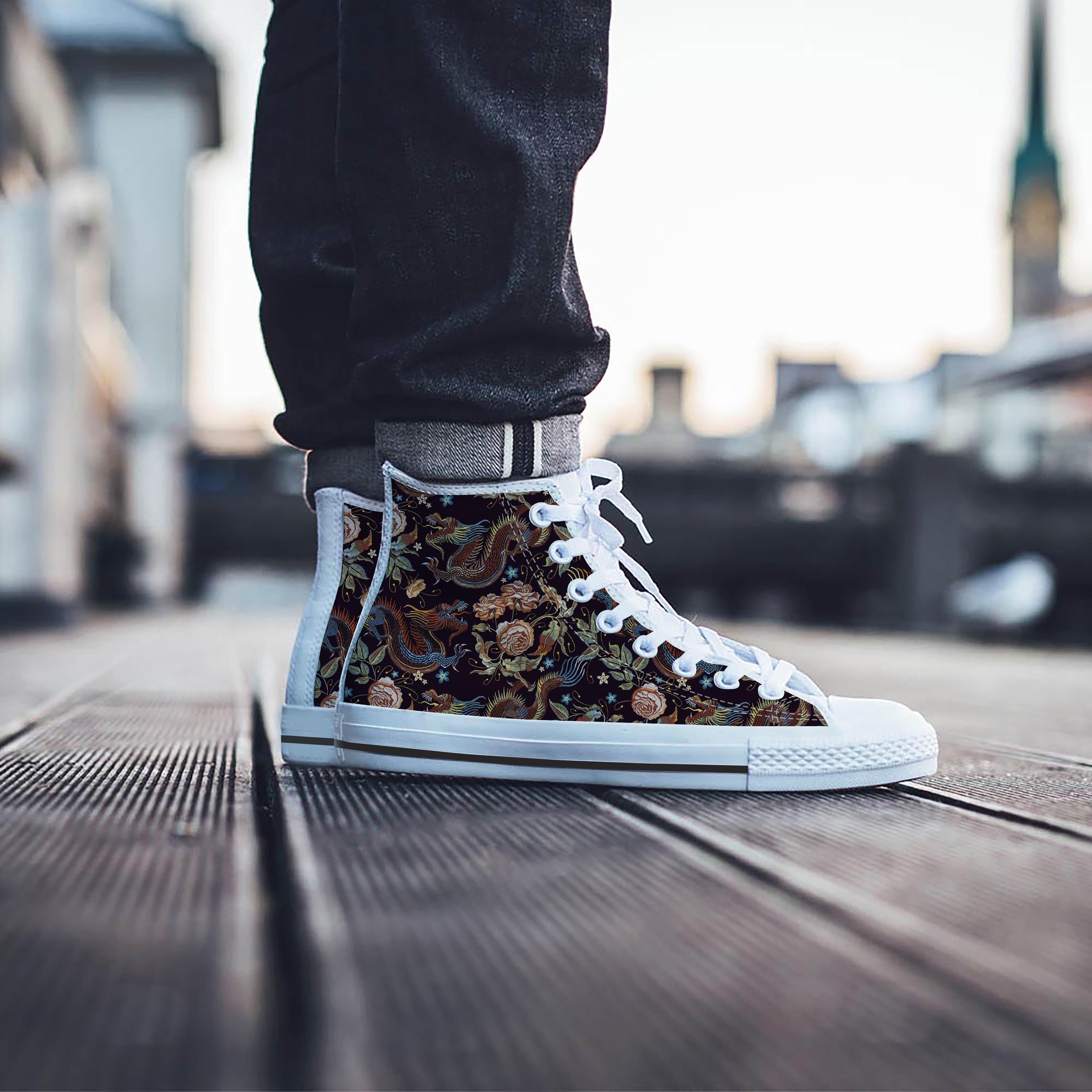 Vintage Chinese Dragon Floral Print Men's High Top Shoes-grizzshop