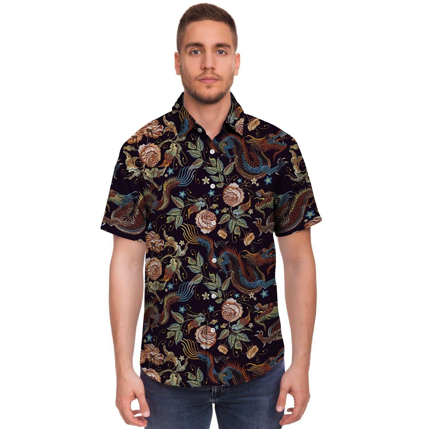 Vintage Chinese Dragon Floral Print Men's Short Sleeve Shirt-grizzshop