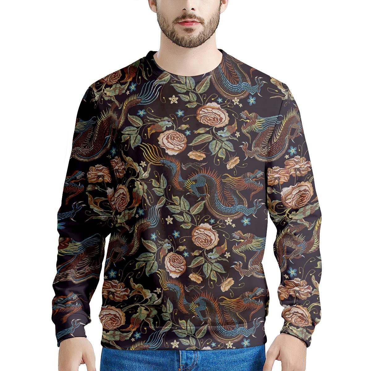 Chinese Dragon Rose Pattern Print Women Crewneck Sweatshirt