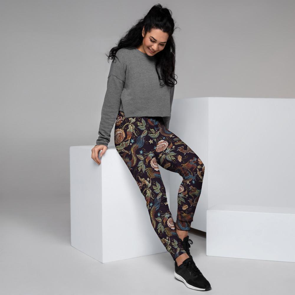 Vintage Chinese Dragon Floral Print Women's Joggers-grizzshop