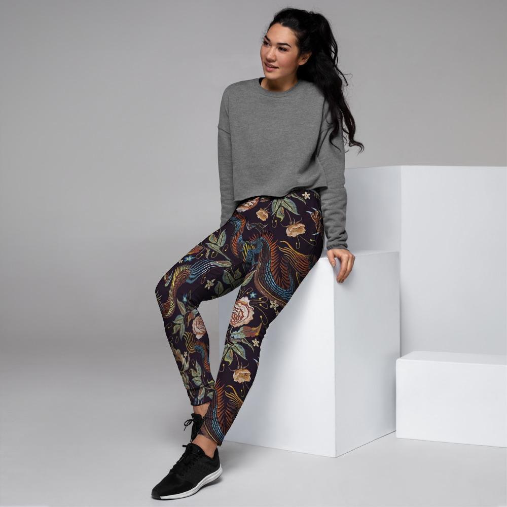 Vintage Chinese Dragon Floral Print Women's Joggers-grizzshop
