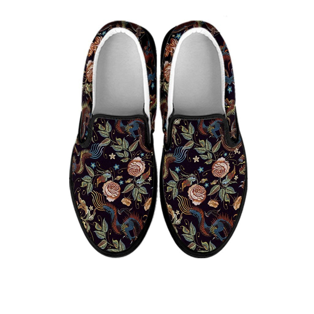 Vintage Chinese Dragon Floral Print Women's Slip On Sneakers-grizzshop