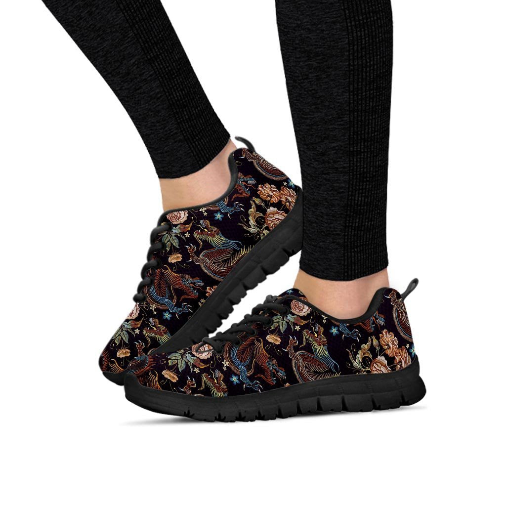 Golden Chinese Dragon Floral Print Women's Joggers