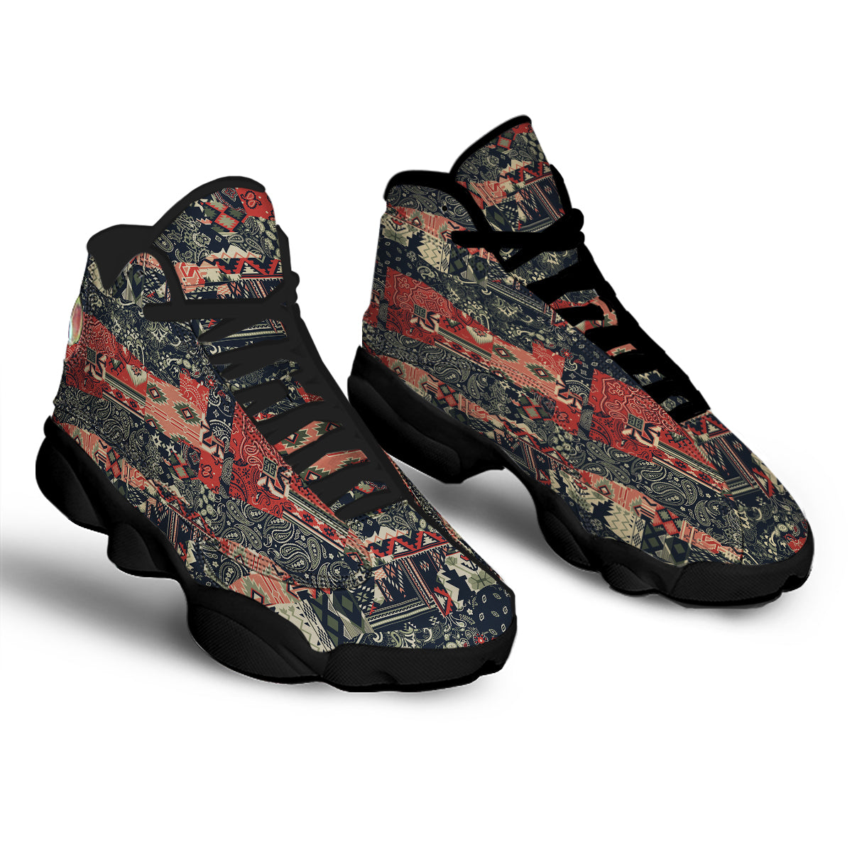 Vintage Color Bandana Patchwork Abstract Print Pattern Black Basketball Shoes-grizzshop