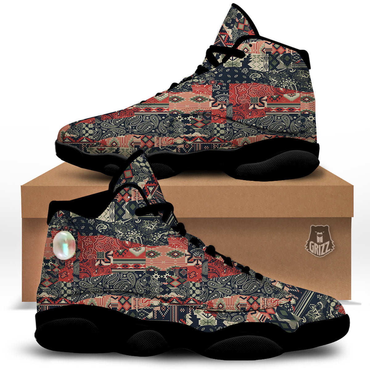 Vintage Color Bandana Patchwork Abstract Print Pattern Black Basketball Shoes-grizzshop