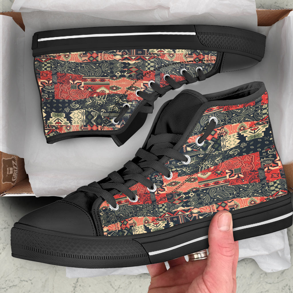 Vintage Color Bandana Patchwork Abstract Print Pattern Black High Top Shoes-grizzshop