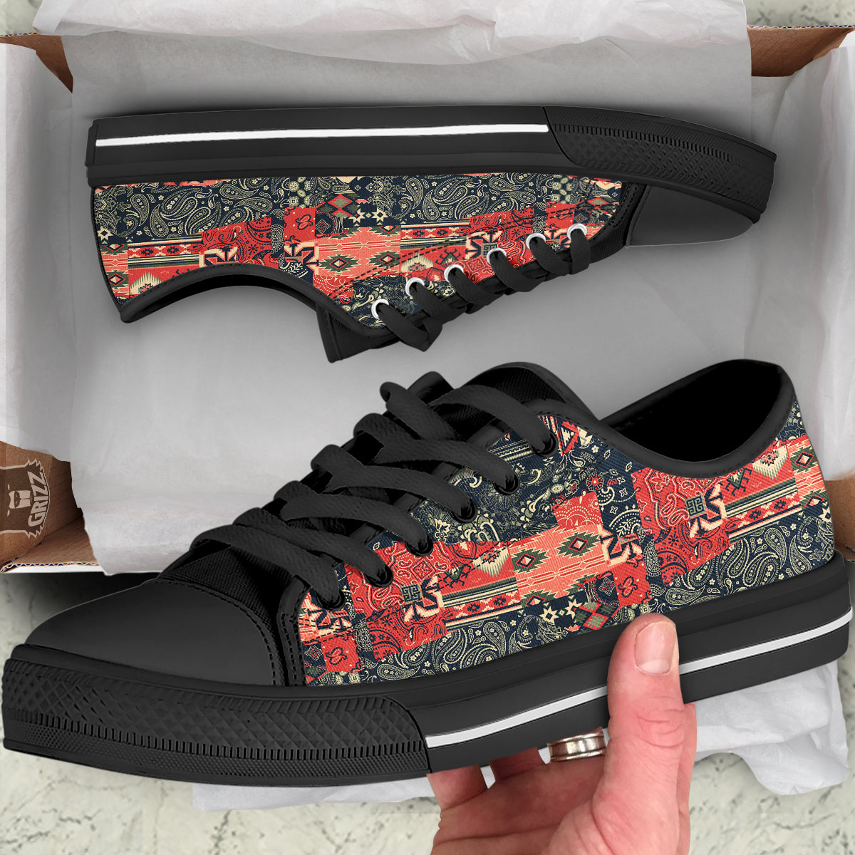 Vintage Color Bandana Patchwork Abstract Print Pattern Black Low Top Shoes-grizzshop