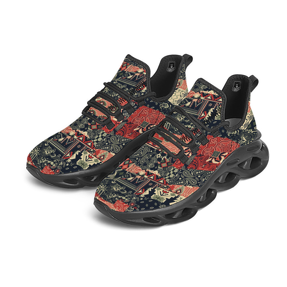 Vintage Color Bandana Patchwork Abstract Print Pattern Black Running Shoes-grizzshop