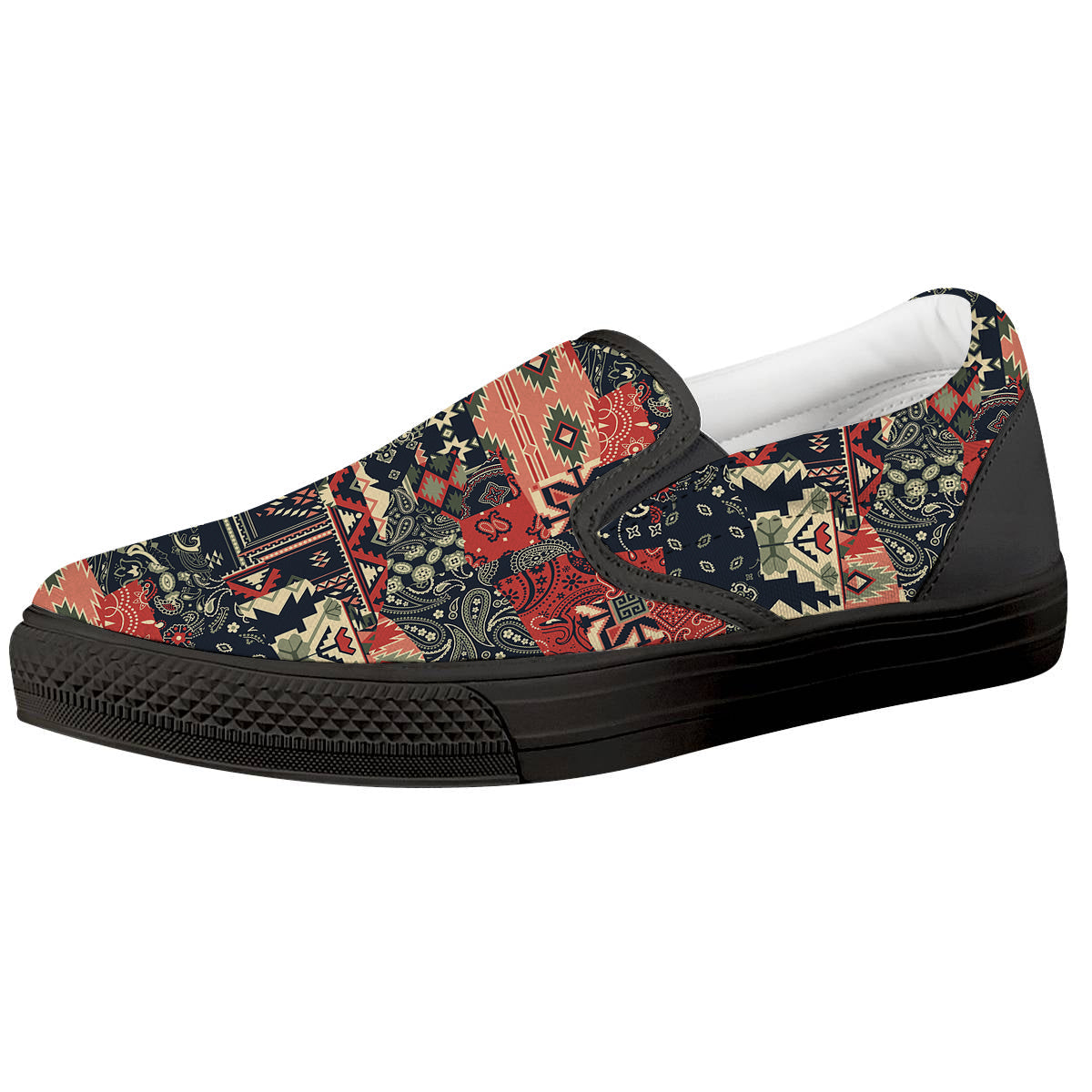 Vintage Color Bandana Patchwork Abstract Print Pattern Black Slip On Shoes-grizzshop