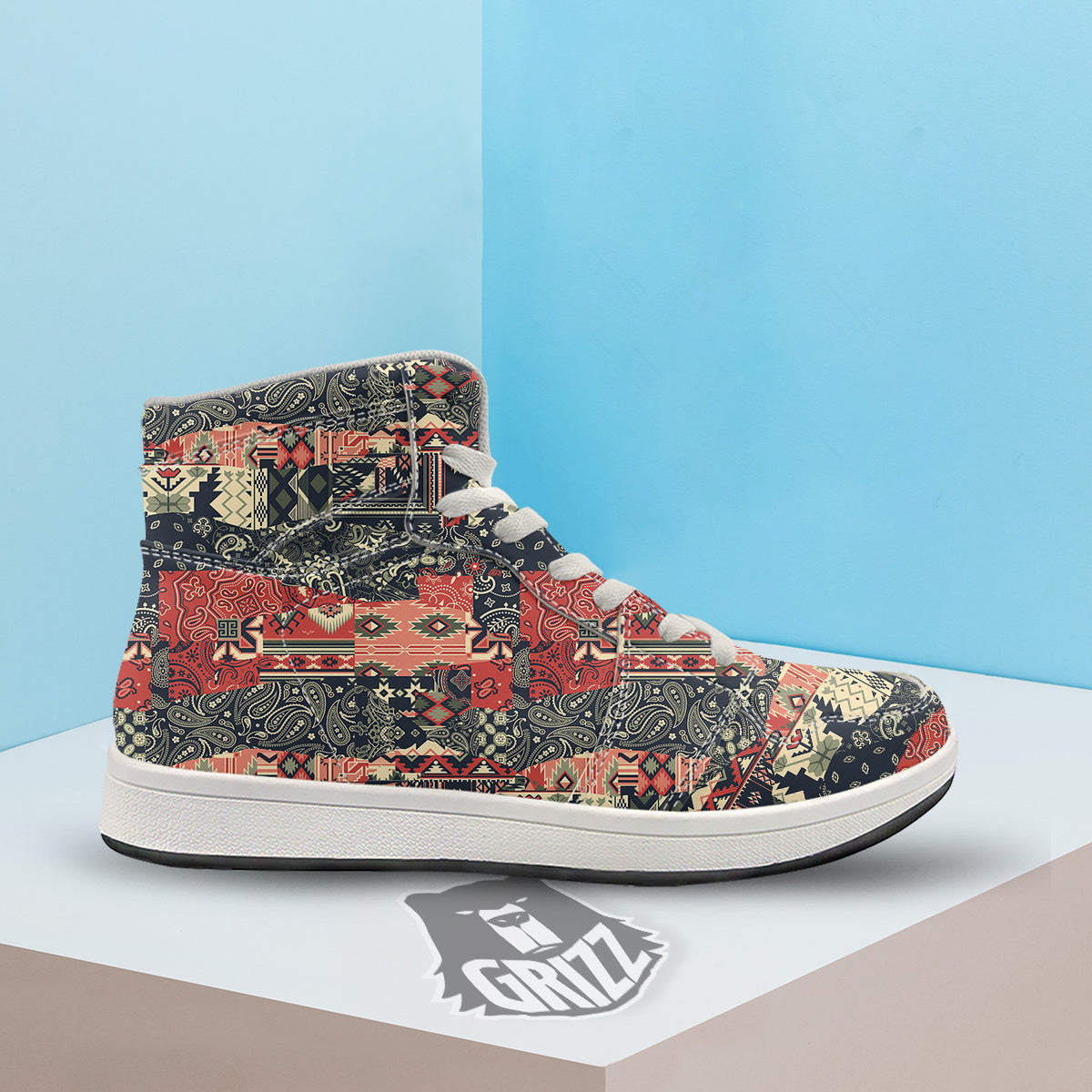 Vintage Color Bandana Patchwork Abstract Print Pattern High Top Sneakers-grizzshop