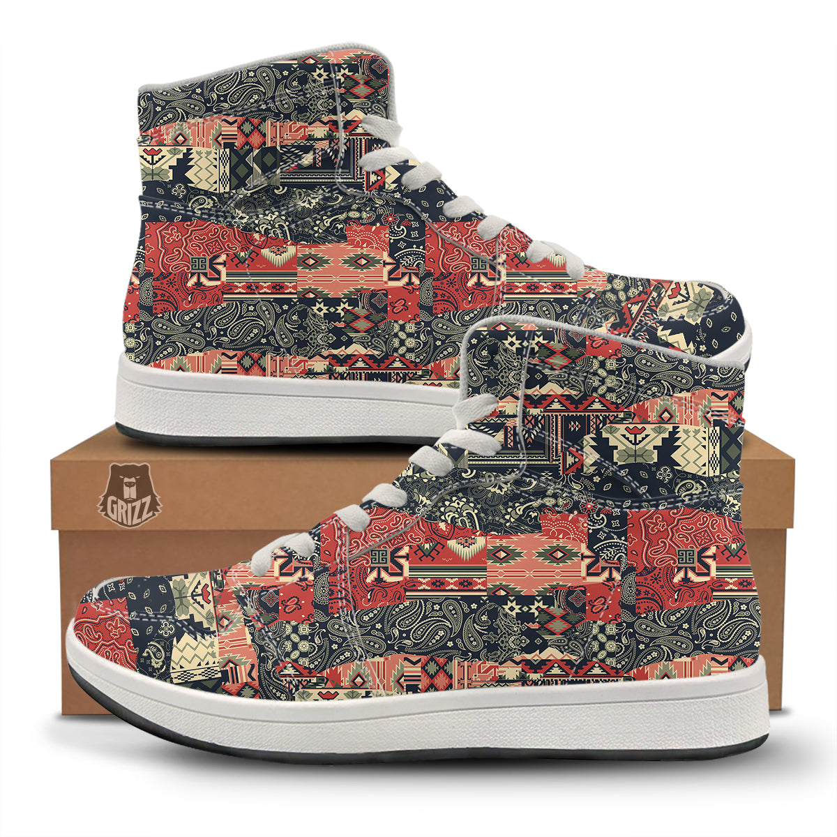 Vintage Color Bandana Patchwork Abstract Print Pattern High Top Sneakers-grizzshop