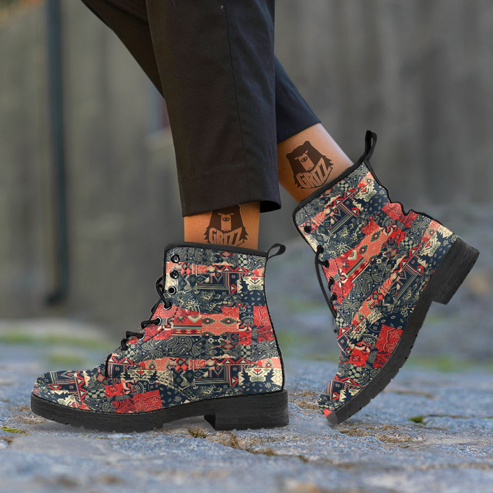 Vintage Color Bandana Patchwork Abstract Print Pattern Leather Boots-grizzshop