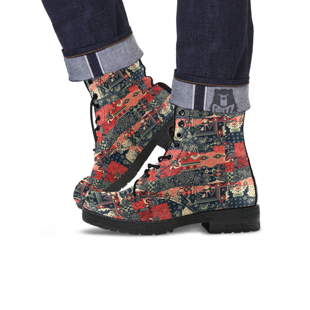 Vintage Color Bandana Patchwork Abstract Print Pattern Leather Boots-grizzshop
