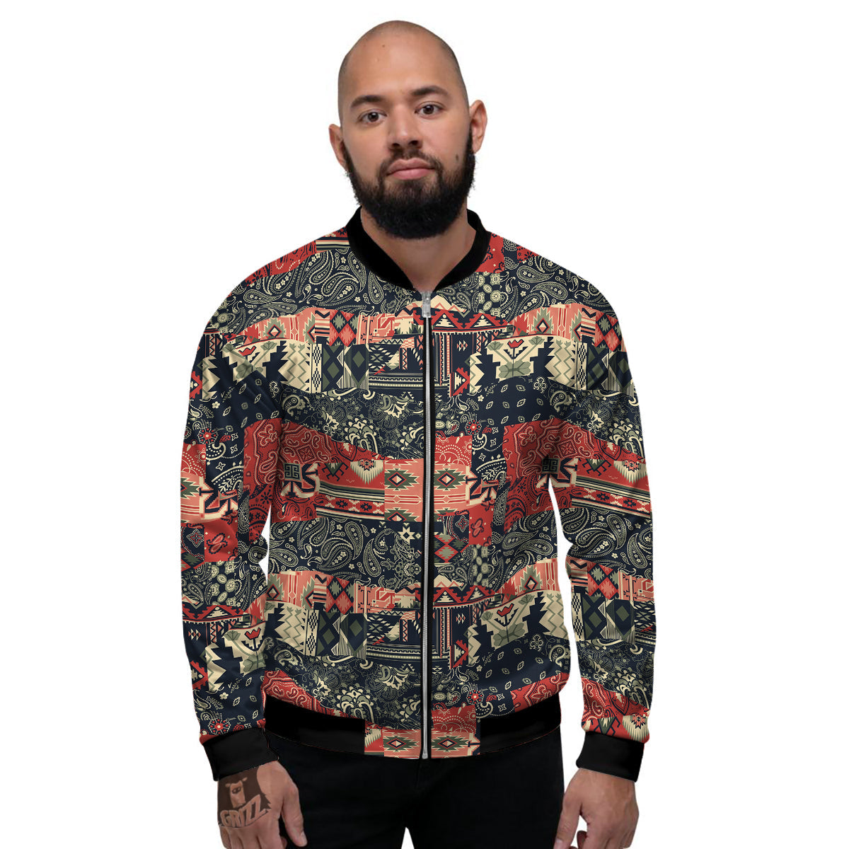 Vintage Color Bandana Patchwork Abstract Print Pattern Men's Bomber Jacket-grizzshop