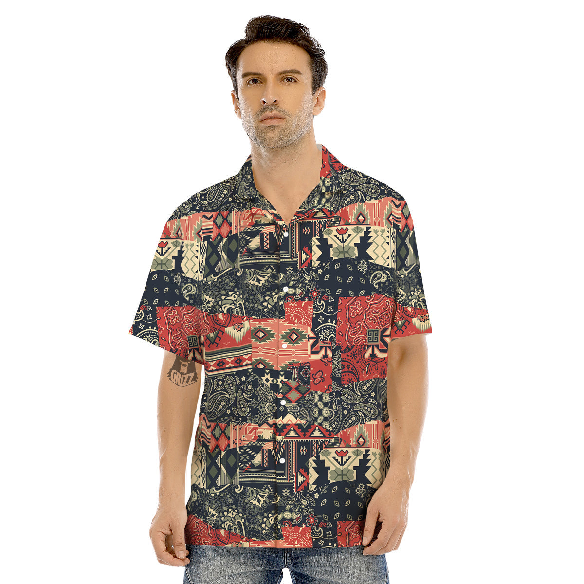 Vintage Color Bandana Patchwork Abstract Print Pattern Men's Hawaiian Shirt-grizzshop