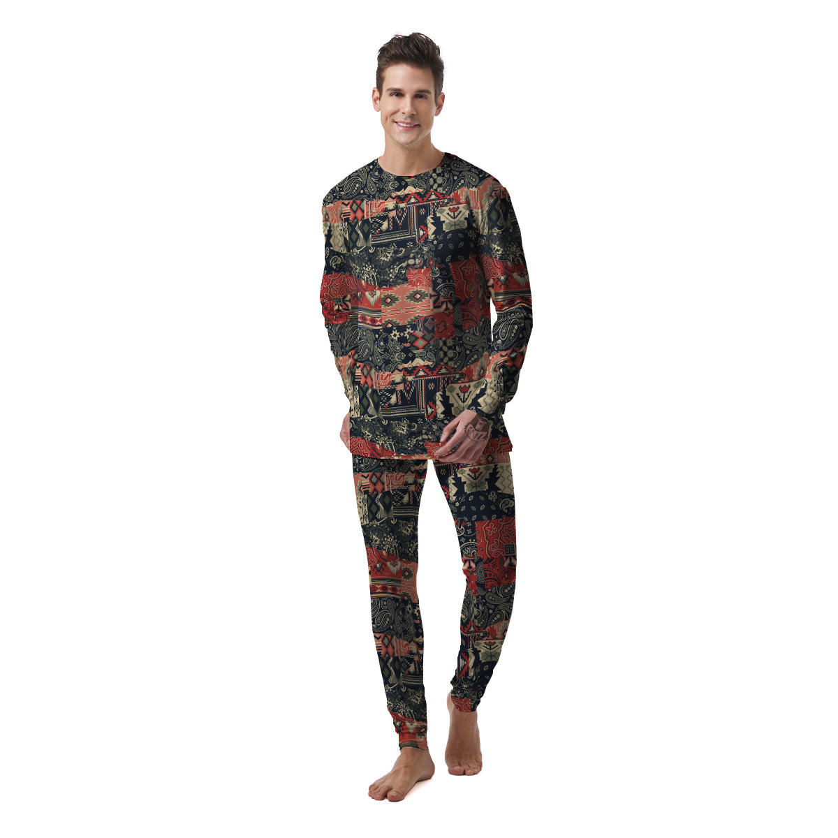 Vintage Color Bandana Patchwork Abstract Print Pattern Men's Pajamas-grizzshop