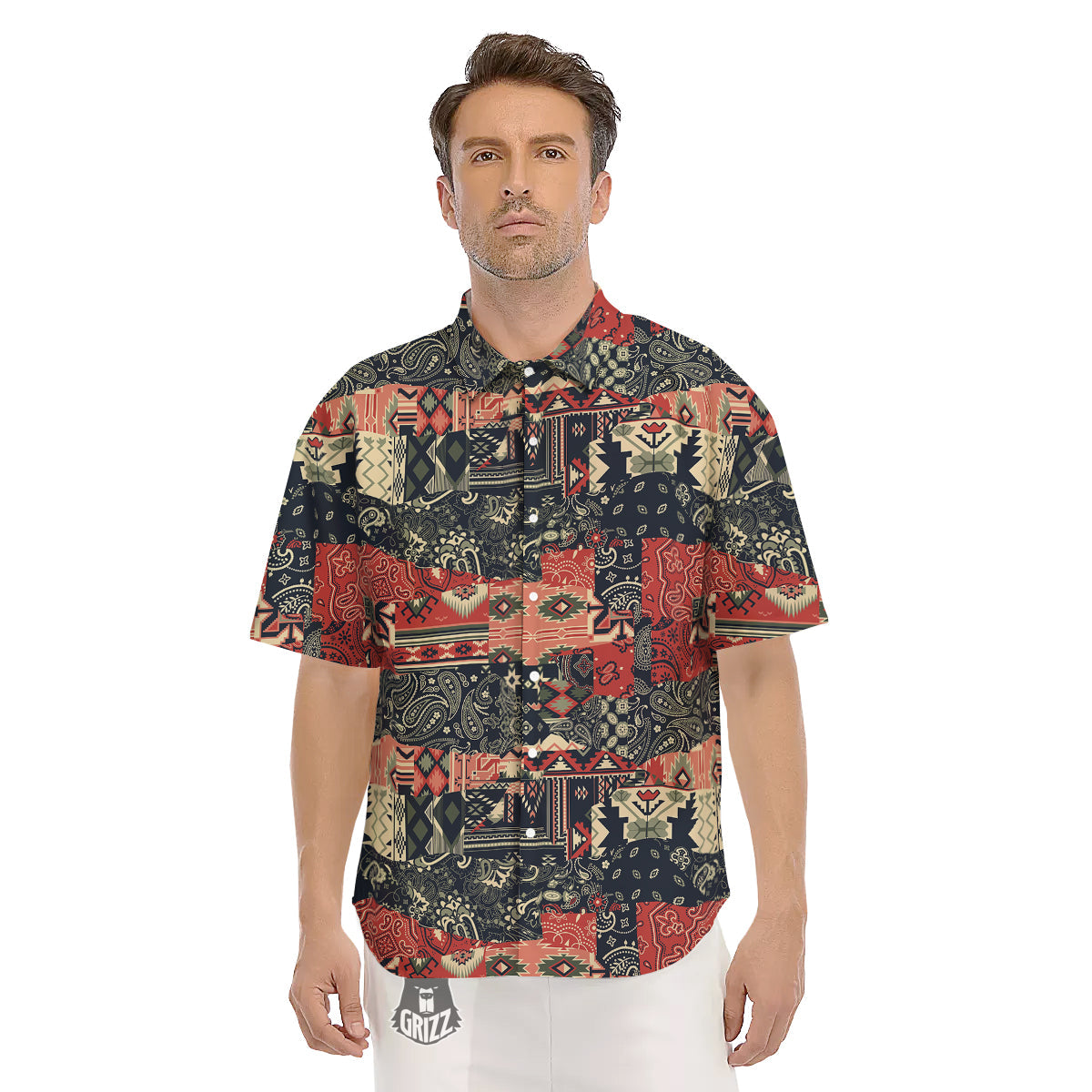 Vintage Color Bandana Patchwork Abstract Print Pattern Men's Short Sleeve Shirts-grizzshop