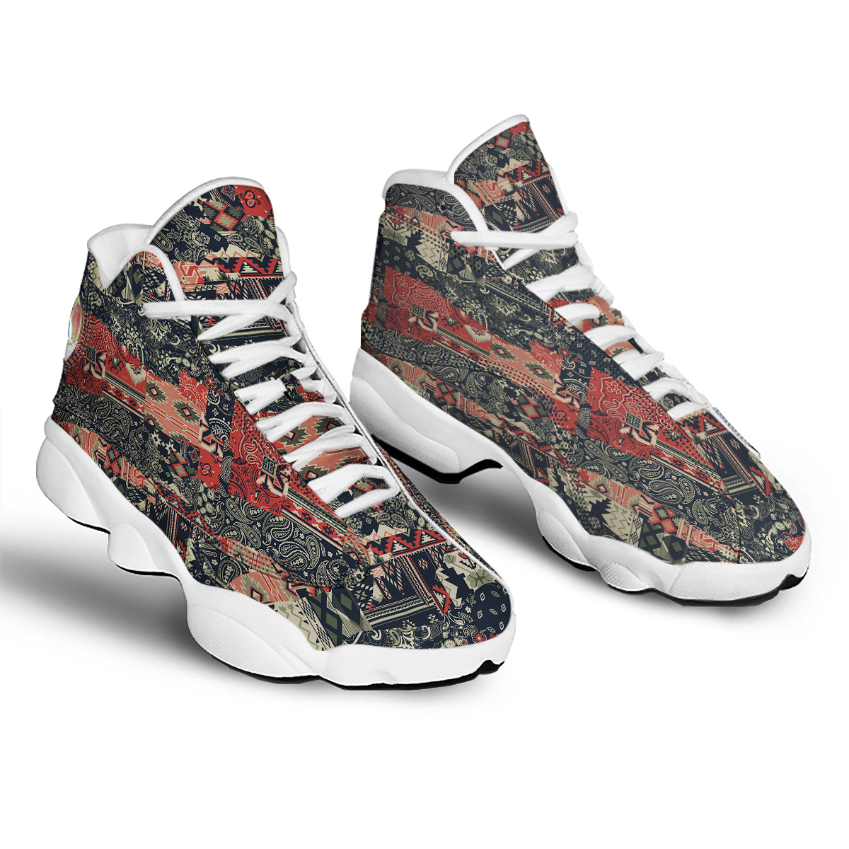 Vintage Color Bandana Patchwork Abstract Print Pattern White Basketball Shoes-grizzshop