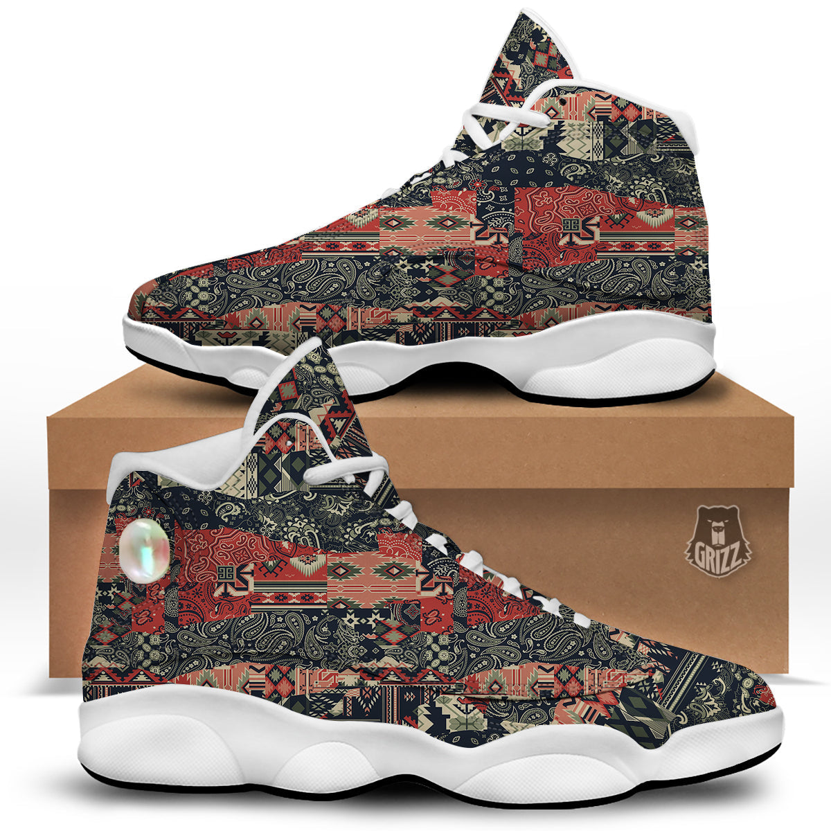 Vintage Color Bandana Patchwork Abstract Print Pattern White Basketball Shoes-grizzshop