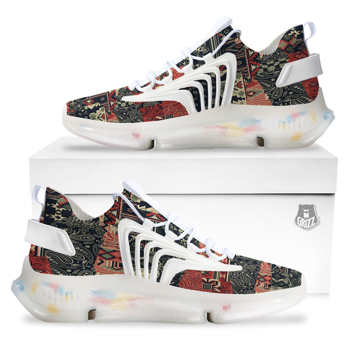 Vintage Color Bandana Patchwork Abstract Print Pattern White Gym Shoes-grizzshop