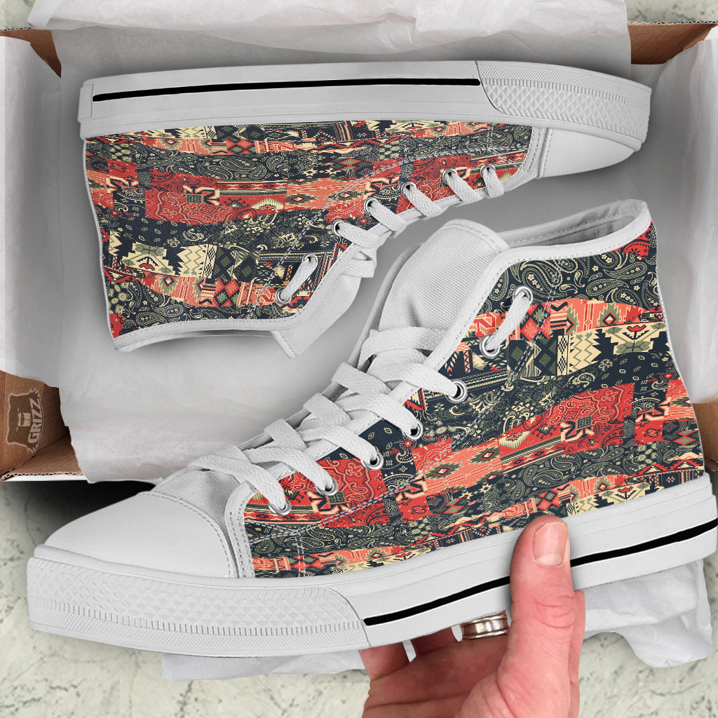 Vintage Color Bandana Patchwork Abstract Print Pattern White High Top Shoes-grizzshop