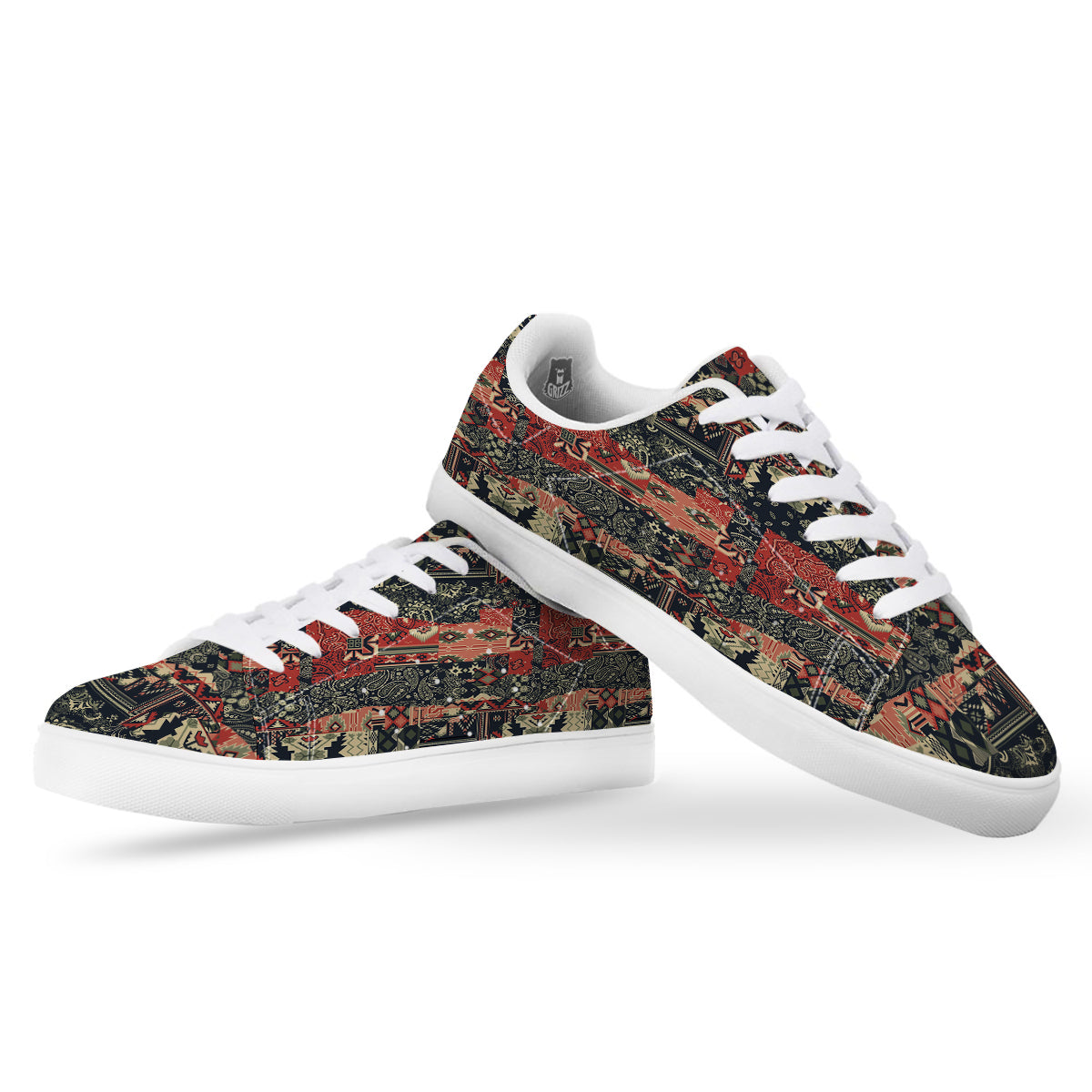 Vintage Color Bandana Patchwork Abstract Print Pattern White Low Top Sneakers-grizzshop