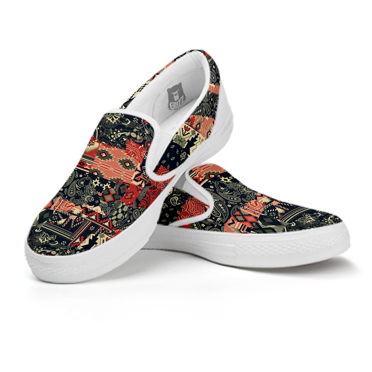 Vintage Color Bandana Patchwork Abstract Print Pattern White Slip On Shoes-grizzshop