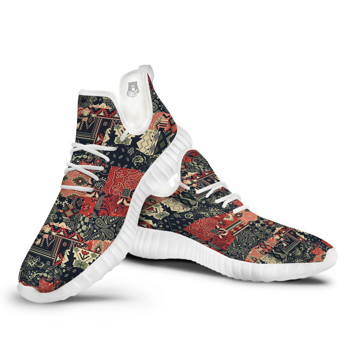 Vintage Color Bandana Patchwork Abstract Print Pattern White Walking Shoes-grizzshop