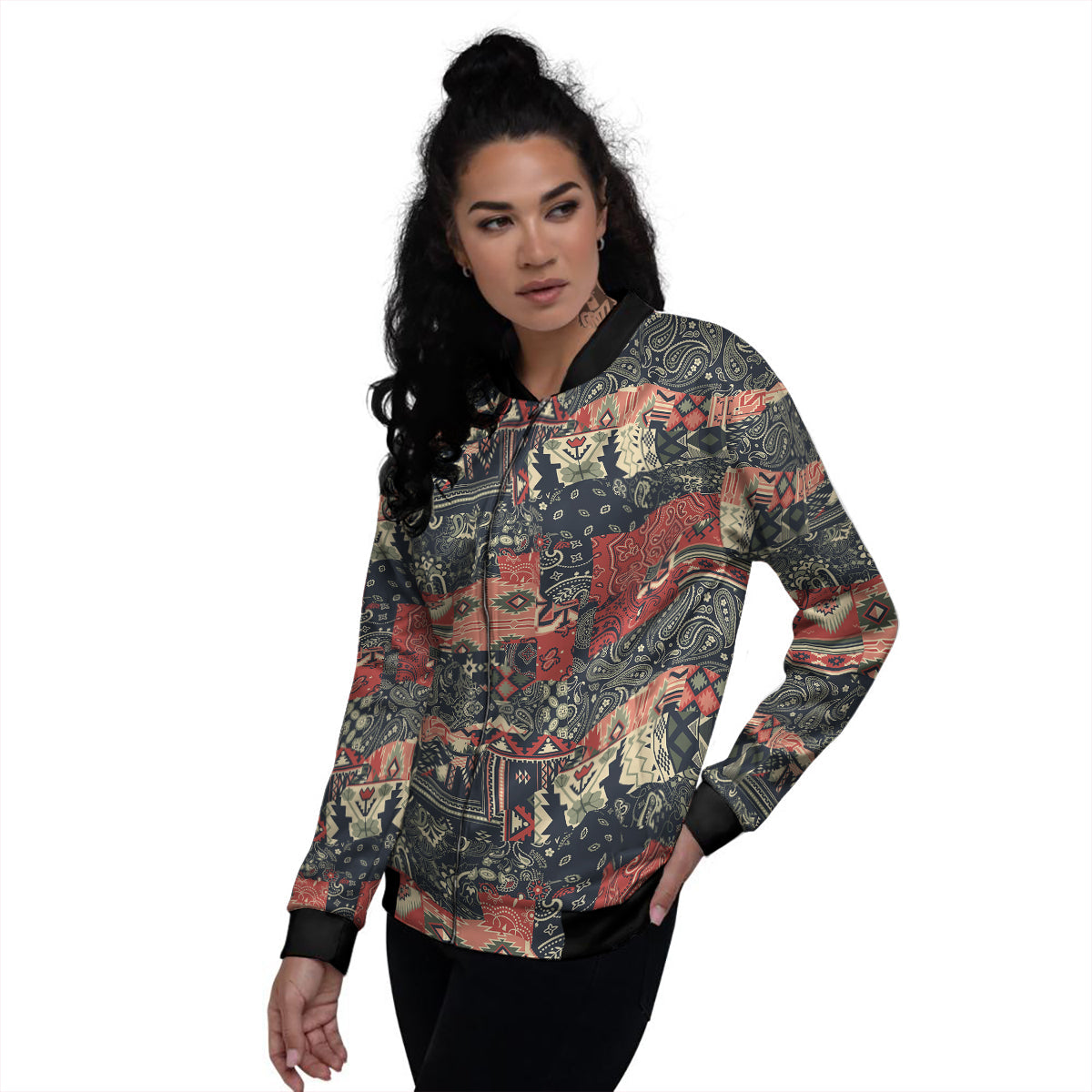 Vintage Color Bandana Patchwork Abstract Print Pattern Women's Bomber Jacket-grizzshop