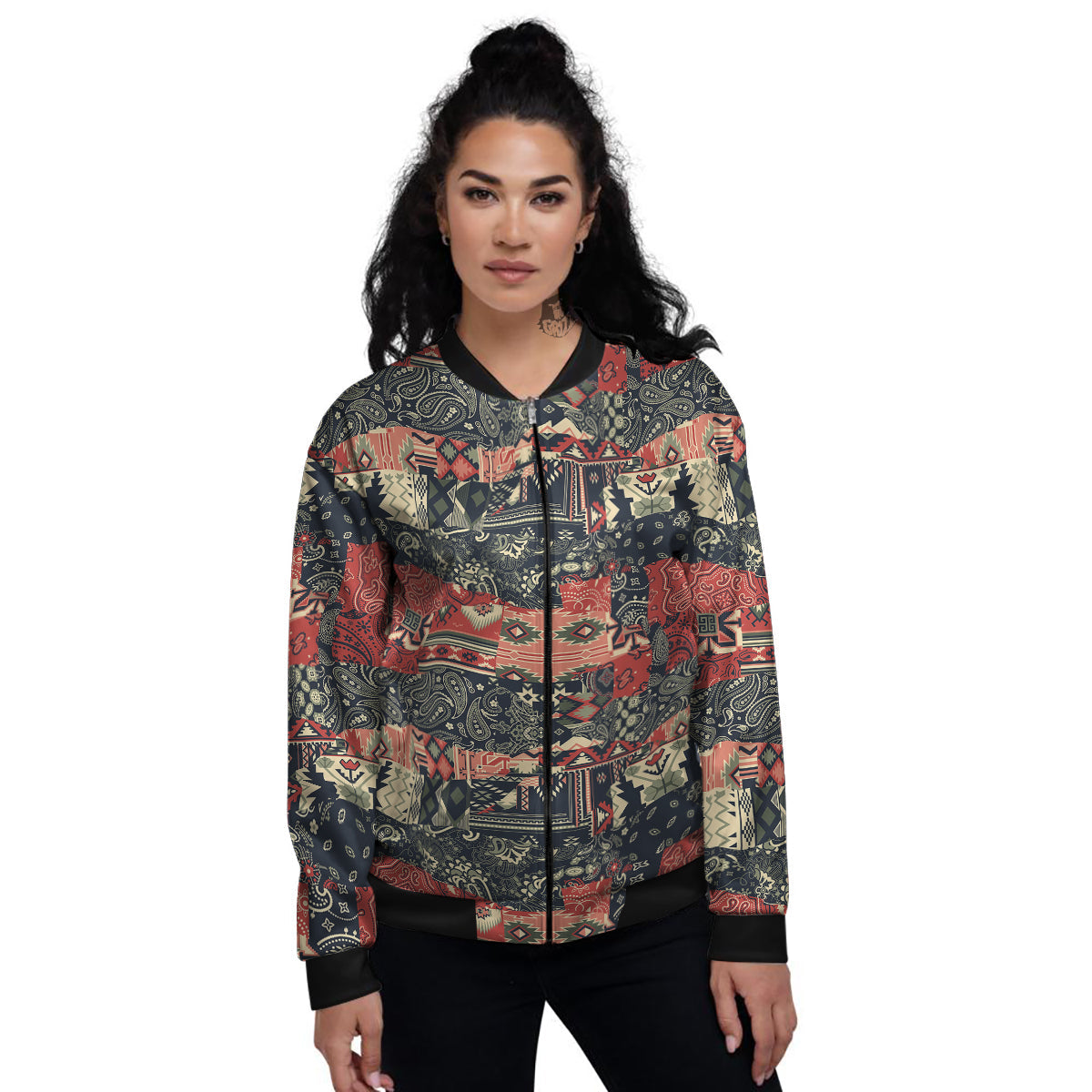 Vintage Color Bandana Patchwork Abstract Print Pattern Women's Bomber Jacket-grizzshop