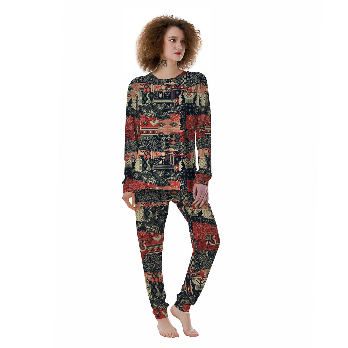 Vintage Color Bandana Patchwork Abstract Print Pattern Women's Pajamas-grizzshop