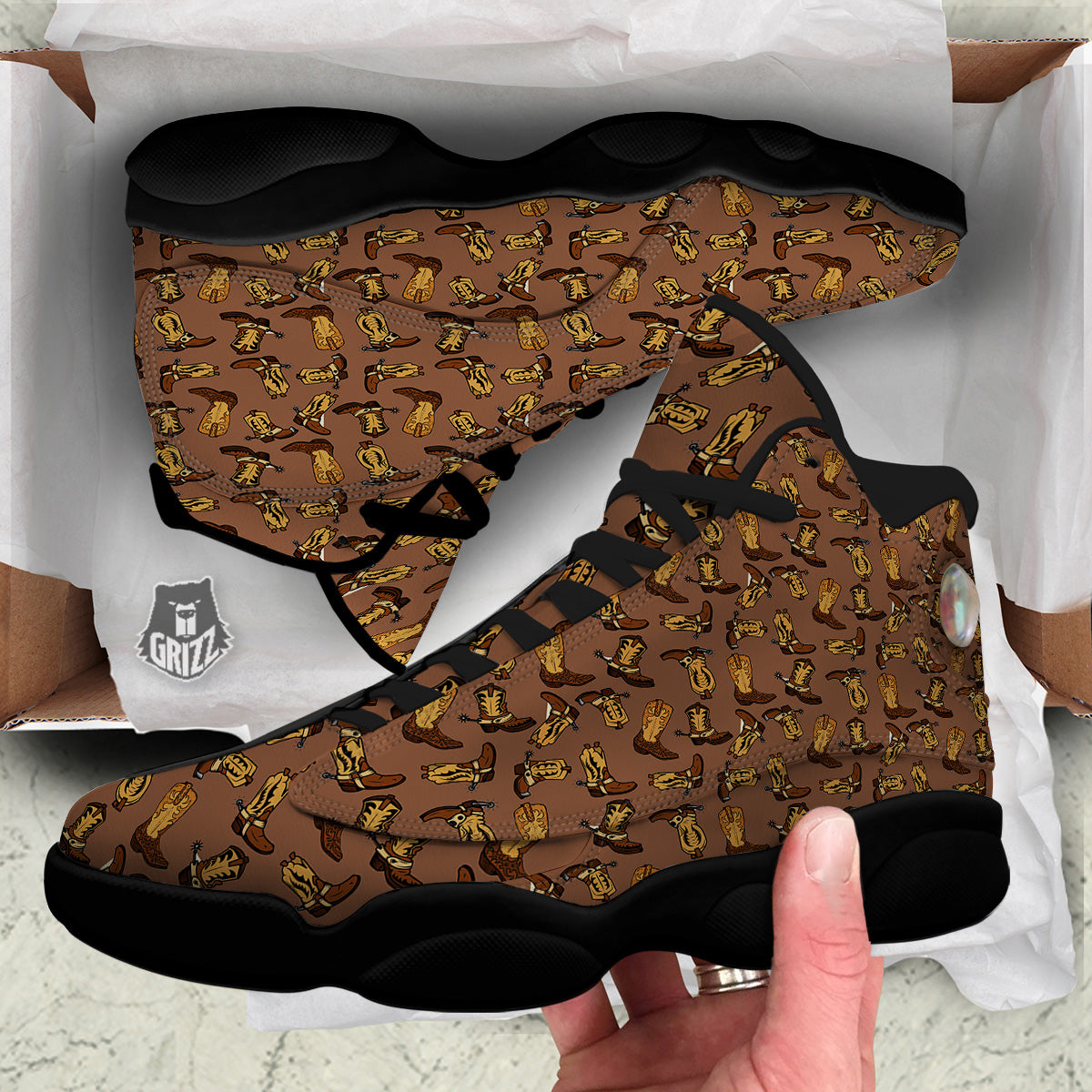 Vintage Cowboy Boots Print Pattern Black Basketball Shoes-grizzshop