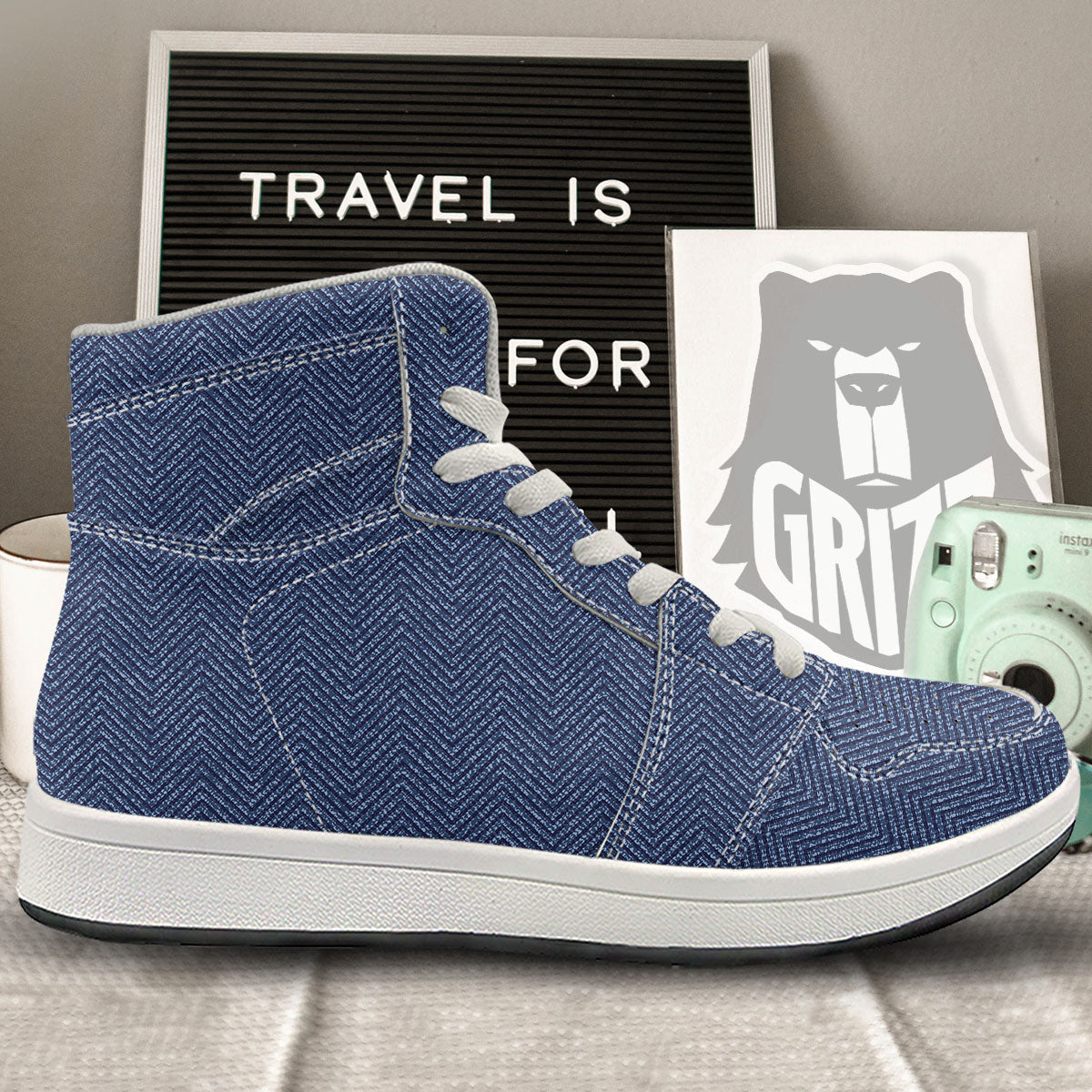 Vintage Denim Blue Jeans Print Pattern High Top Sneakers-grizzshop