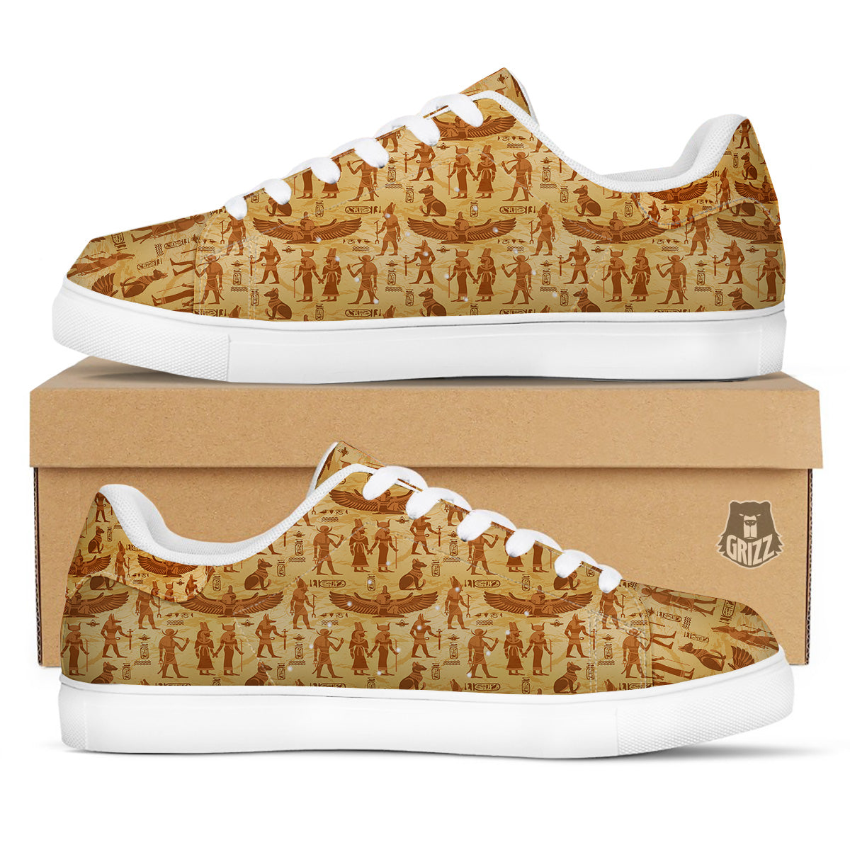 Vintage Egypt Papyrus Ancient Print Pattern White Low Top Sneakers-grizzshop