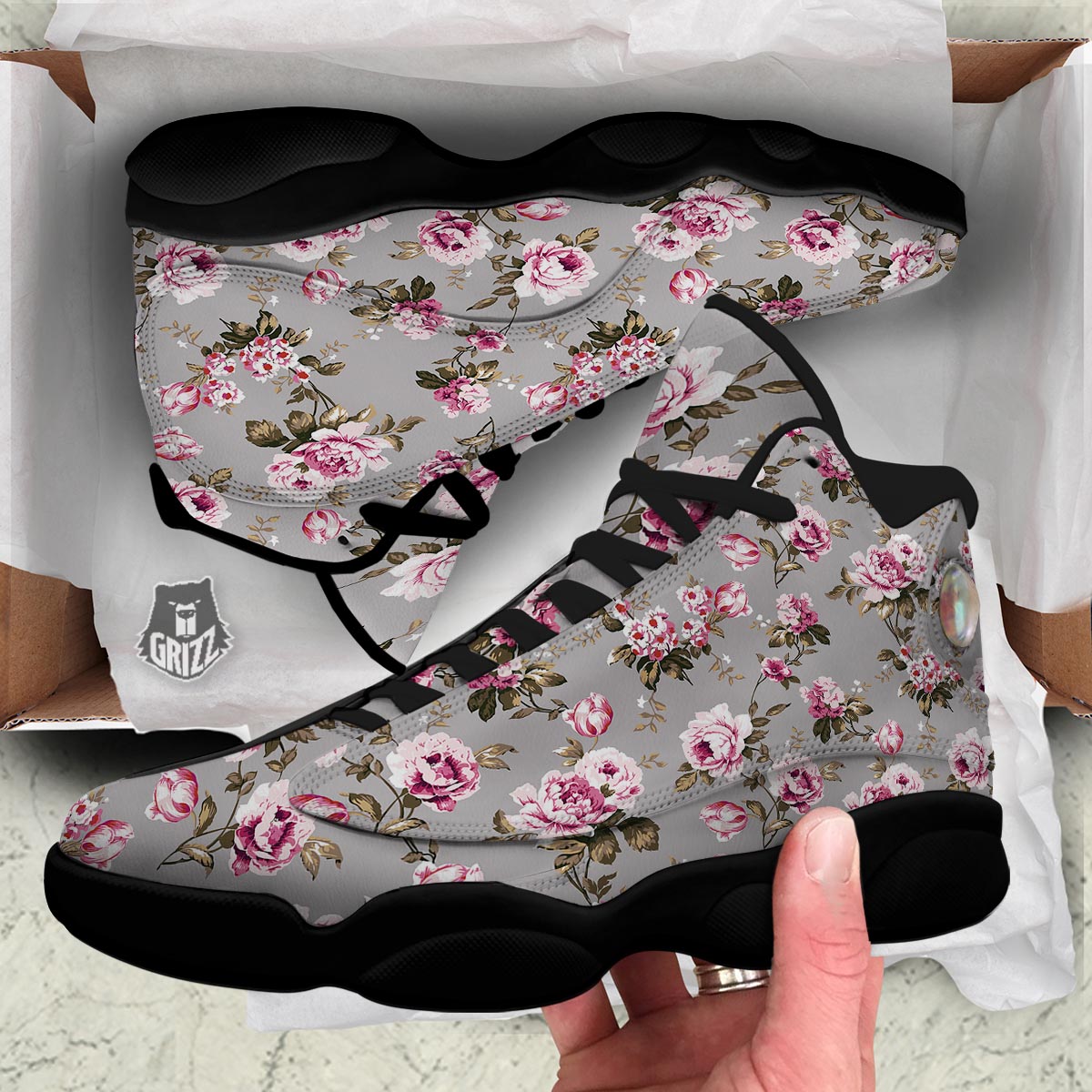 Vintage Floral Shabby Chic Print Pattern Black Basketball Shoes-grizzshop