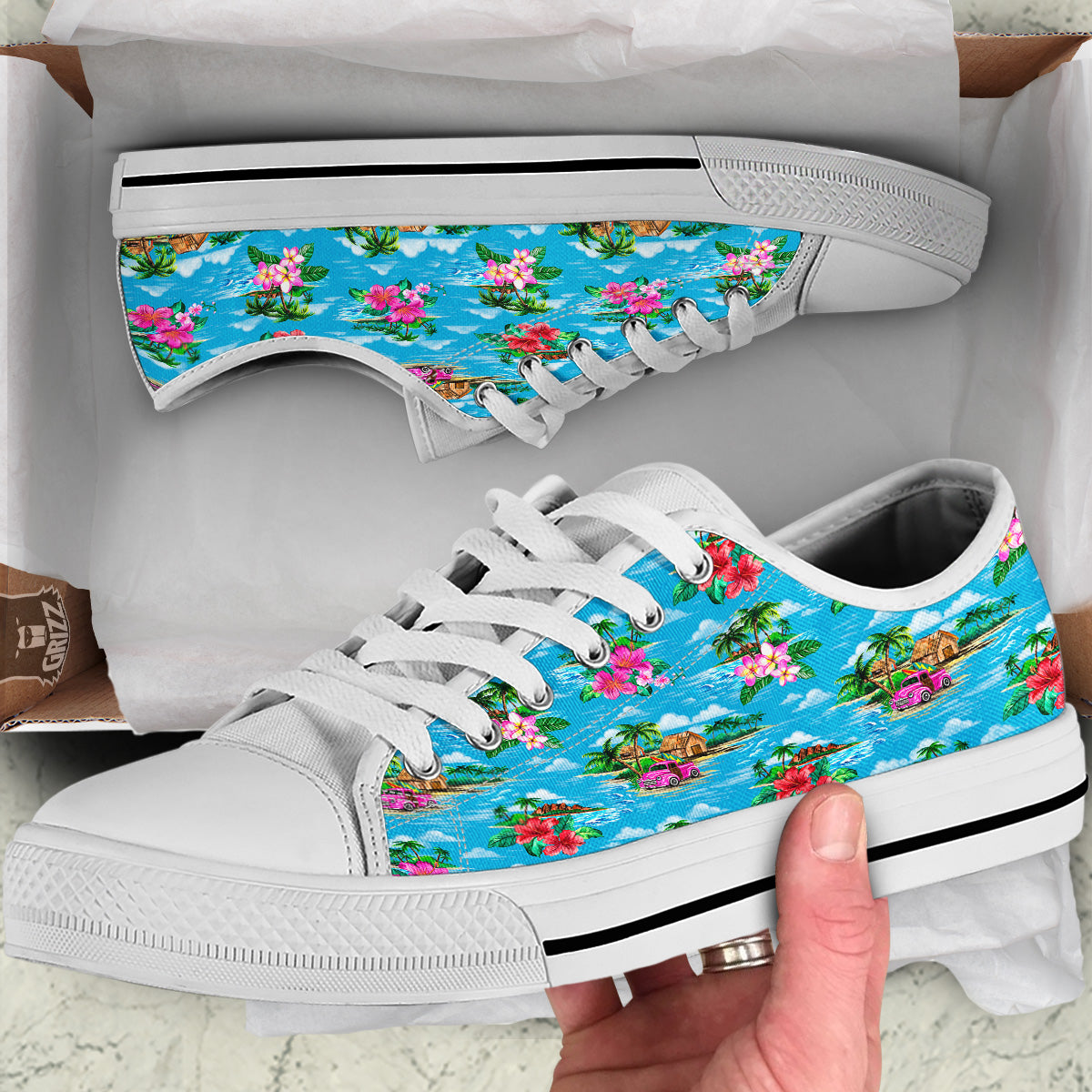 Vintage Hawaiian And Blue Sky Print Pattern White Low Top Shoes-grizzshop