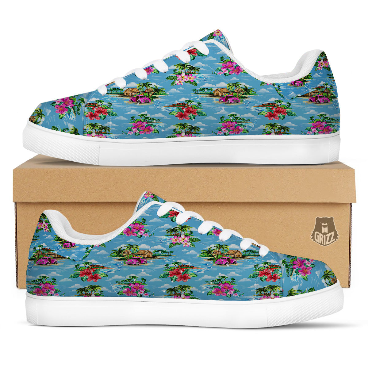 Vintage Hawaiian And Blue Sky Print Pattern White Low Top Sneakers-grizzshop