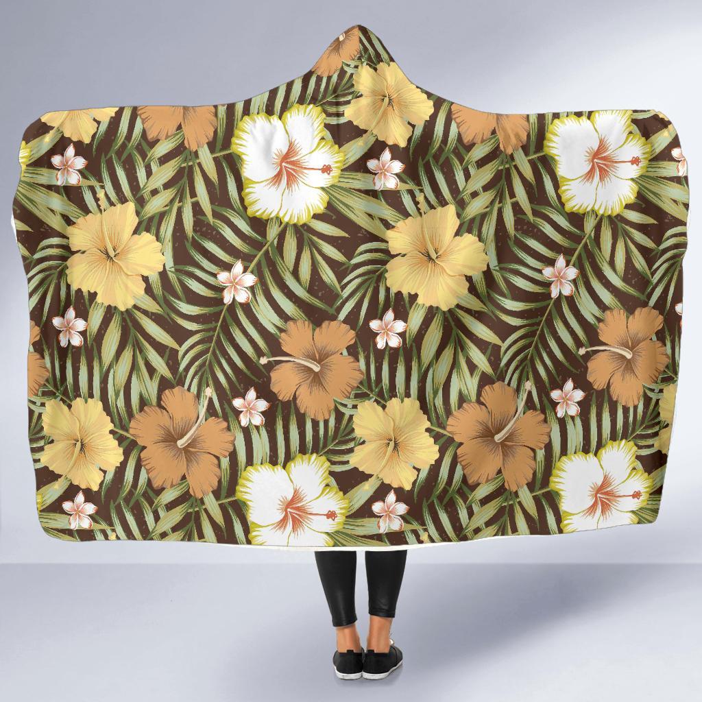 Vintage Hawaiian Floral Tropical Flower Hibiscus Palm Leaves Pattern Print Hooded Blanket-grizzshop