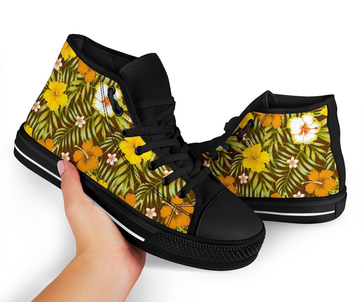 Vintage Hawaiian Floral Tropical Flower Hibiscus Palm Leaves Pattern Print Men Women's High Top Shoes-grizzshop