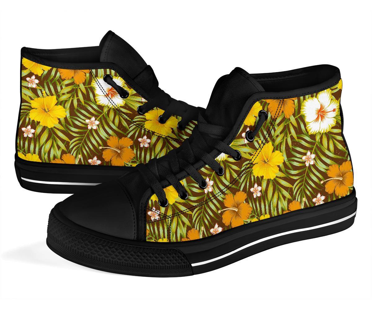 Vintage Hawaiian Floral Tropical Flower Hibiscus Palm Leaves Pattern Print Men Women's High Top Shoes-grizzshop