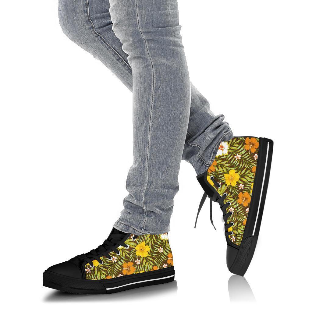 Vintage Hawaiian Floral Tropical Flower Hibiscus Palm Leaves Pattern Print Men Women's High Top Shoes-grizzshop