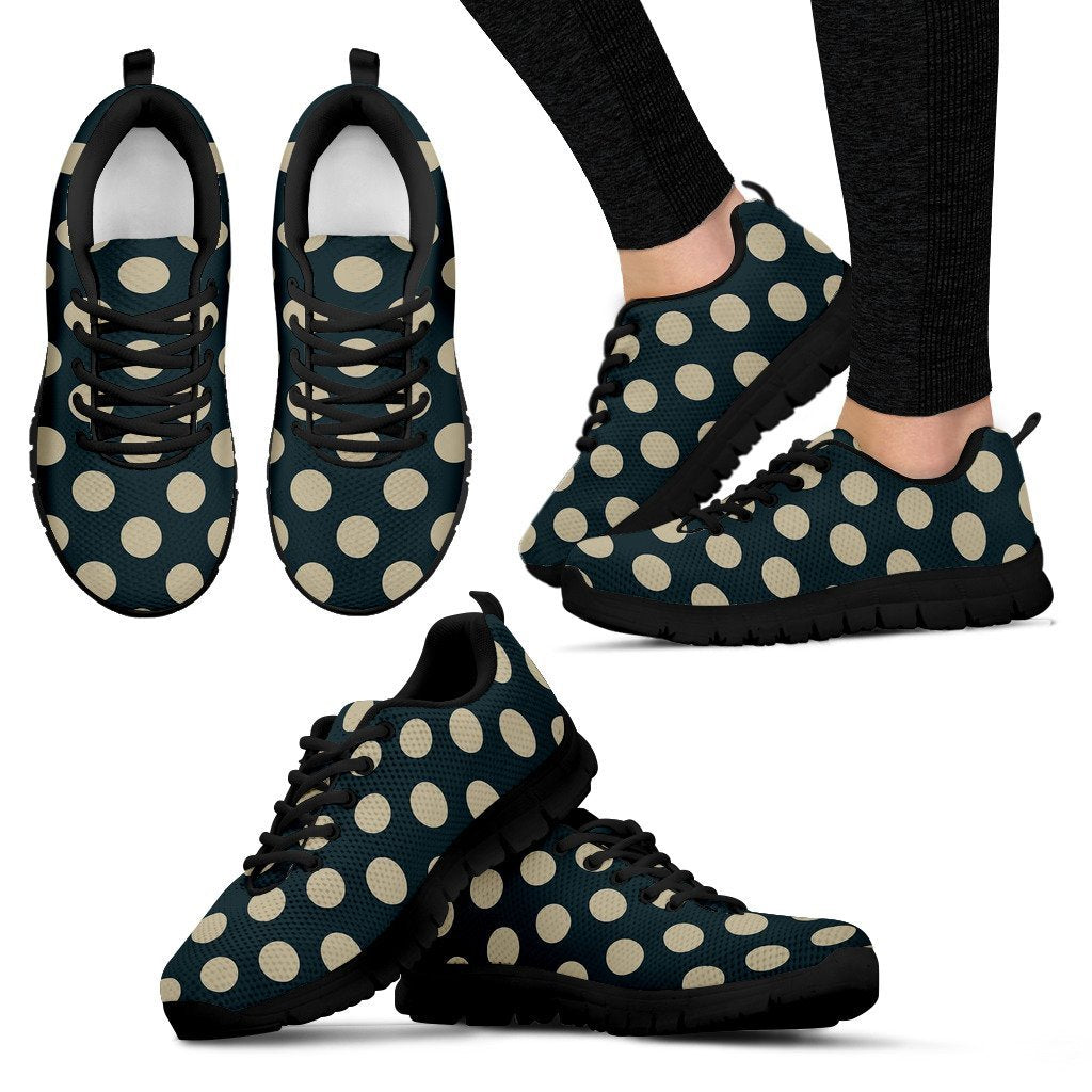 Vintage Navy Blue White Polka dot Pattern Print Black Sneaker Shoes For Men Women-grizzshop