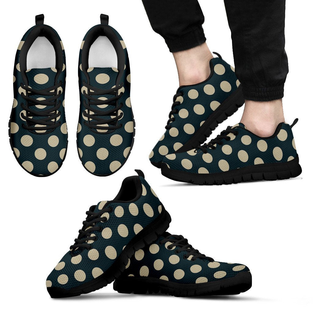 Vintage Navy Blue White Polka dot Pattern Print Black Sneaker Shoes For Men Women-grizzshop