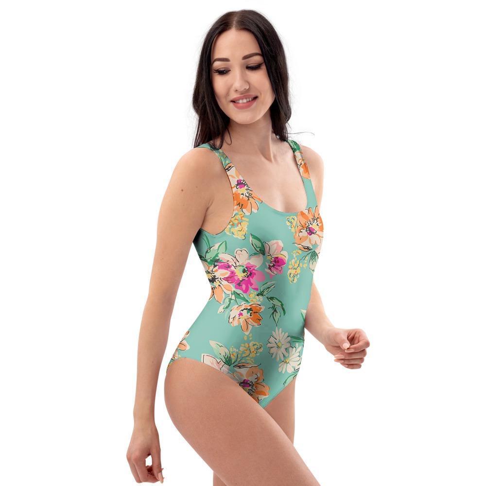 Vintage Pastel Floral Print One Piece Swimsuite-grizzshop