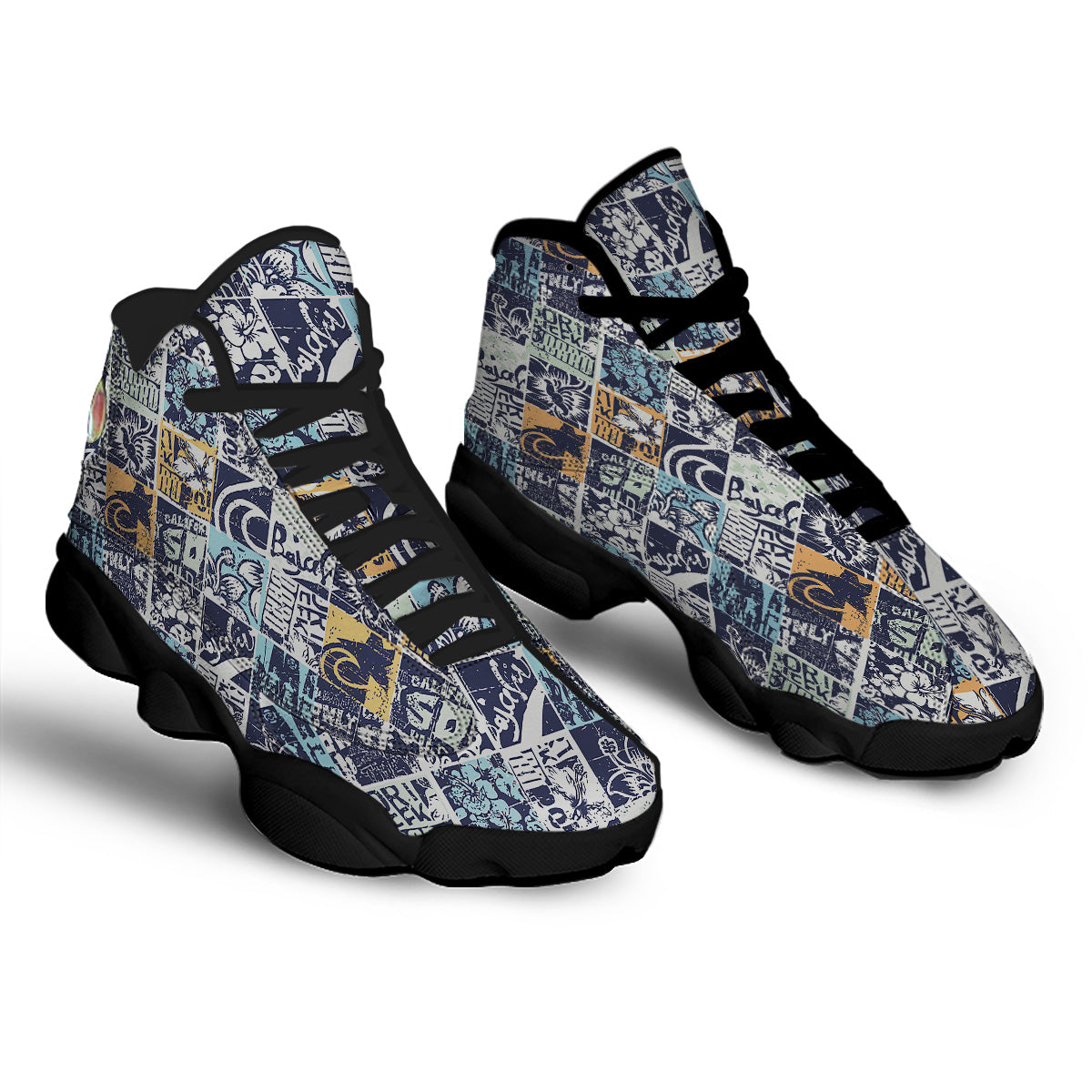 Vintage Patchwork Surfing Print Pattern Black Basketball Shoes-grizzshop