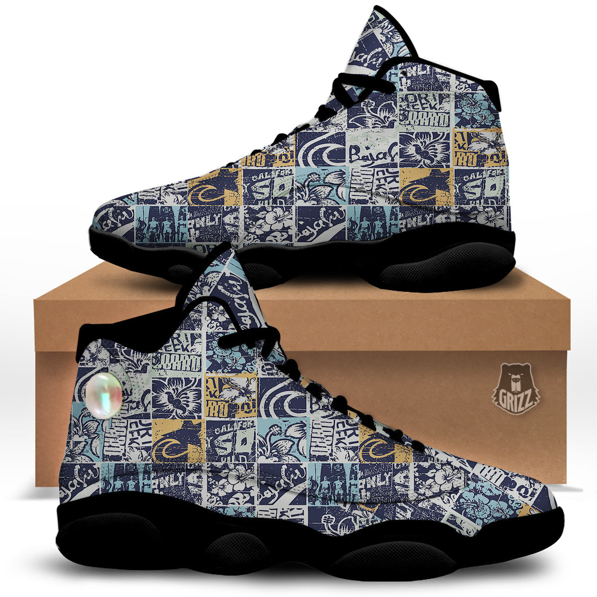 Vintage Patchwork Surfing Print Pattern Black Basketball Shoes-grizzshop