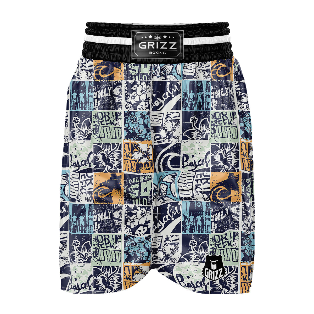 Vintage Patchwork Surfing Print Pattern Boxing Shorts-grizzshop
