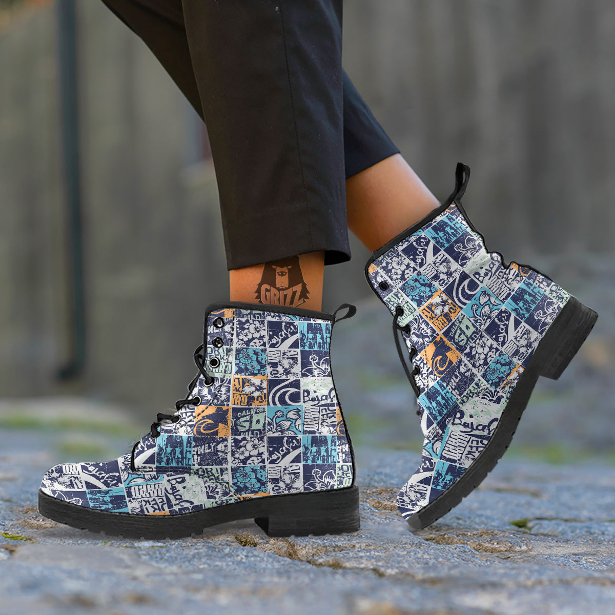 Vintage Patchwork Surfing Print Pattern Leather Boots-grizzshop