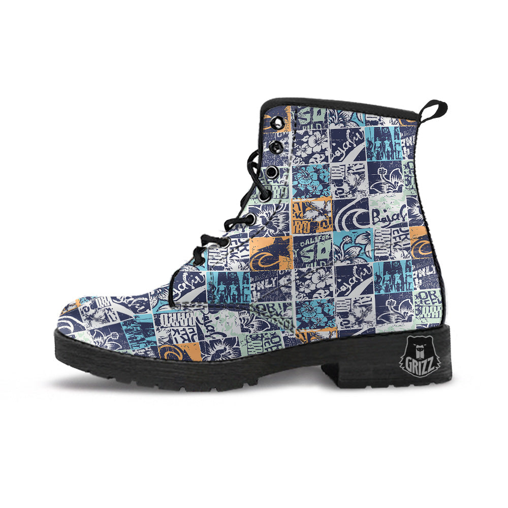 Vintage Patchwork Surfing Print Pattern Leather Boots-grizzshop