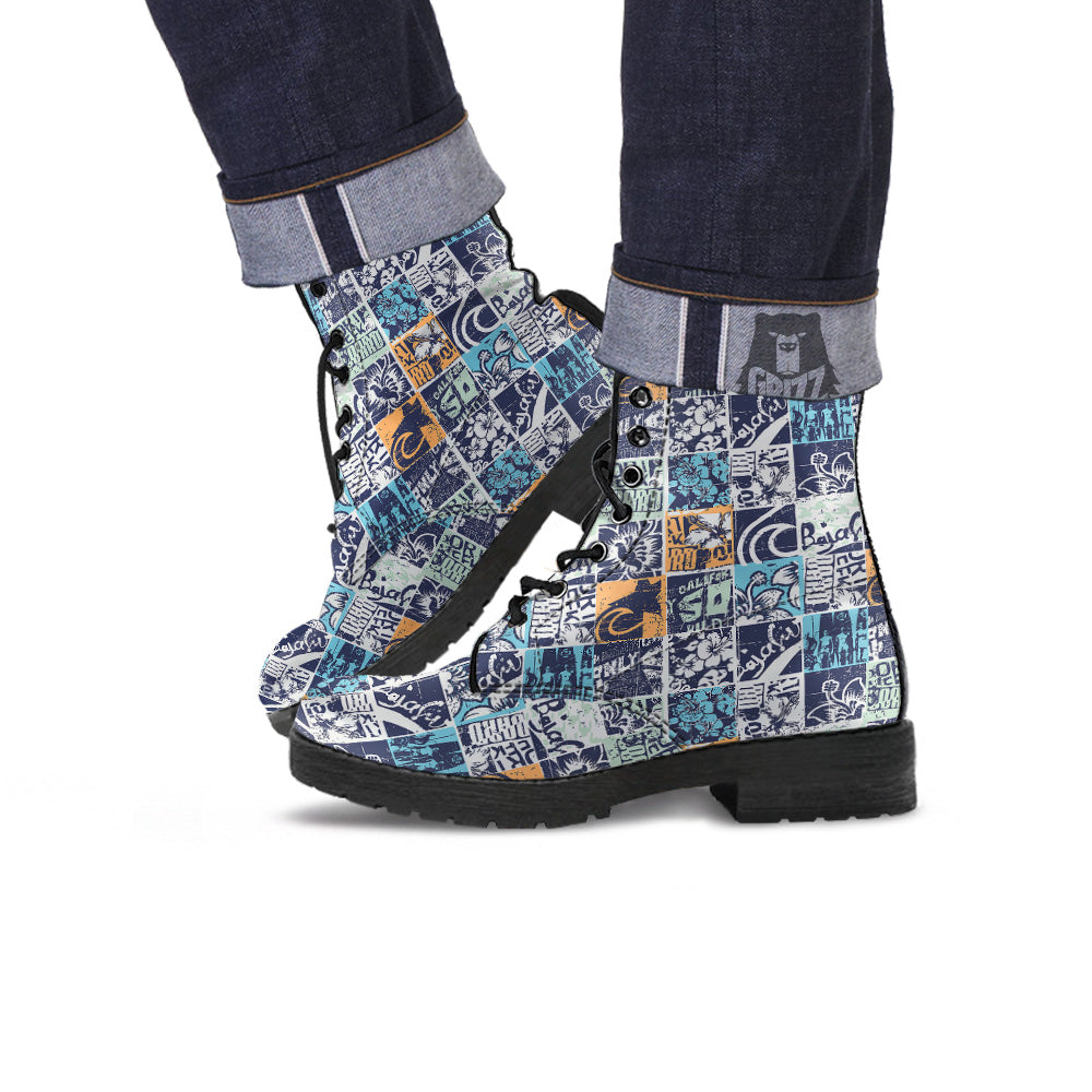 Vintage Patchwork Surfing Print Pattern Leather Boots-grizzshop